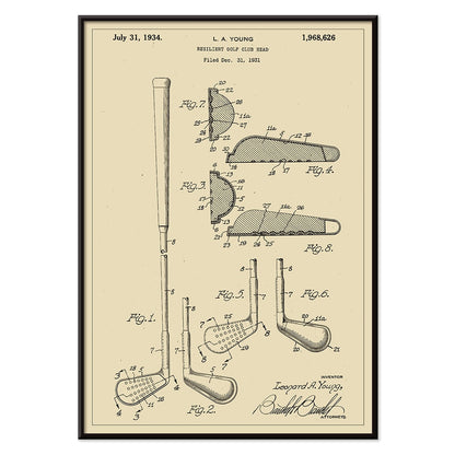 L A Young Resilient Golf Club Head Patent Illustration Design Drawings and Poster with Technical Specifications, with black aluminium frame on white background