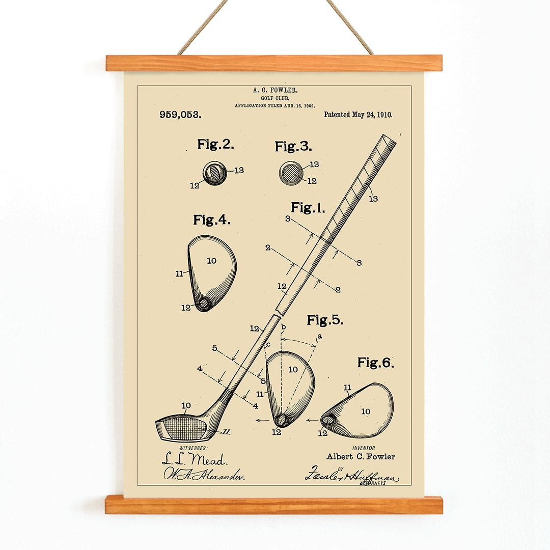 Golf Club Patent by A C Fowler with detailed technical drawings specifications and labeled parts poster, with wooden magnetic frame on white background