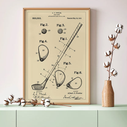 Golf Club Patent by A C Fowler with detailed technical drawings specifications and labeled parts poster, framed and displayed in home decor