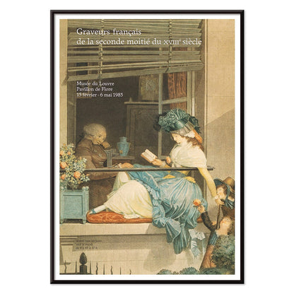 French engravers artwork of a woman reading with a child and elderly man nearby from Graveurs francais de la seconde moitie du XVIIIe siecle, with black aluminium frame on white background