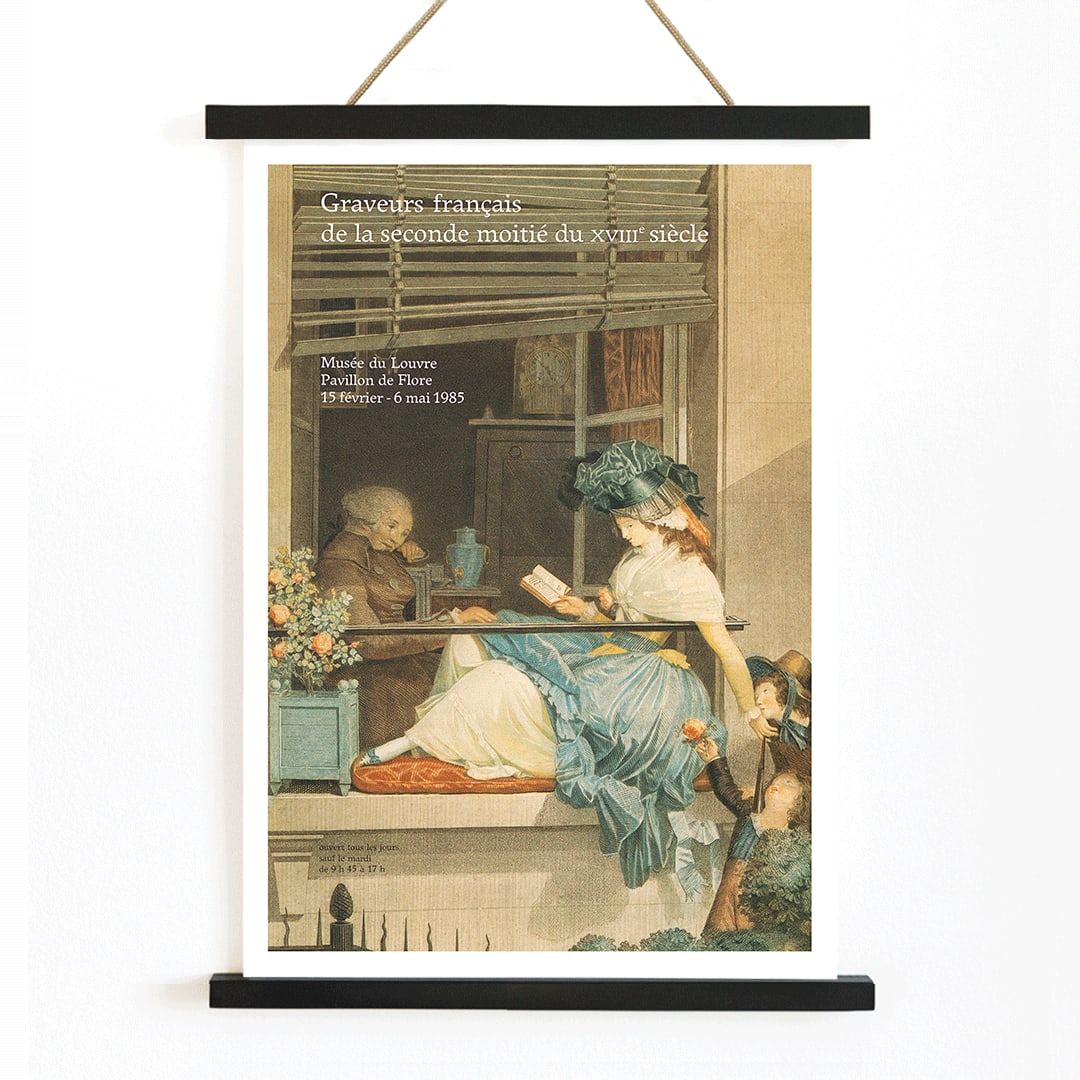 French engravers artwork of a woman reading with a child and elderly man nearby from Graveurs francais de la seconde moitie du XVIIIe siecle, with wooden magnetic frame on white background