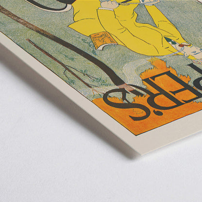 Closeup detail of Man riding bicycle in autumn landscape wearing yellow outfit Harper for October poster by Edward Penfield with title displayed at top and bottom