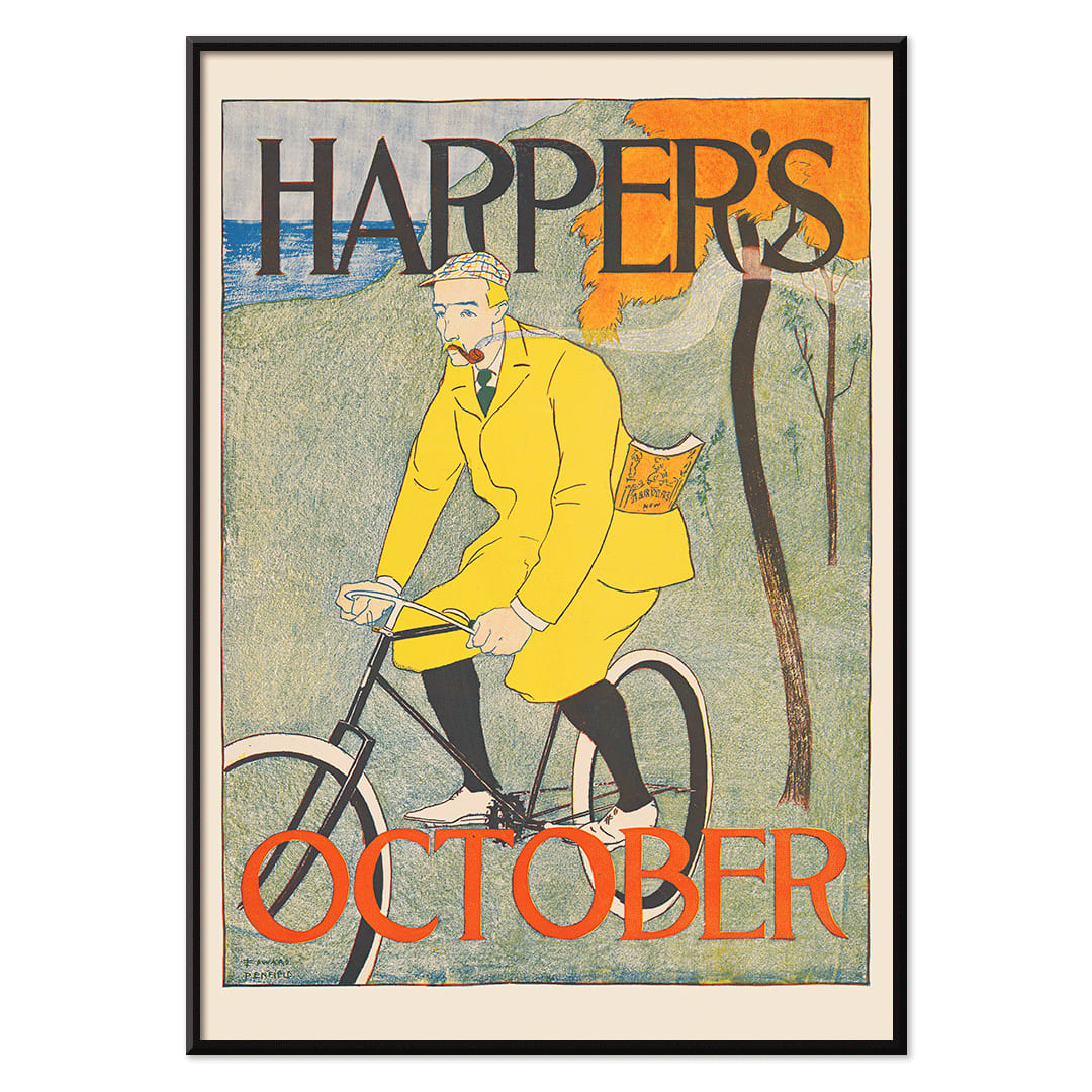 Man riding bicycle in autumn landscape wearing yellow outfit Harper for October poster by Edward Penfield with title displayed at top and bottom, with black aluminium frame on white background