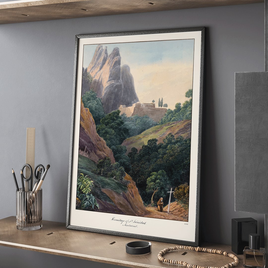Painting of Hermitage of St Trinidad Montserrat by Charles Hamilton Smith with mountainous landscape lush trees and monk, framed and displayed in home decor