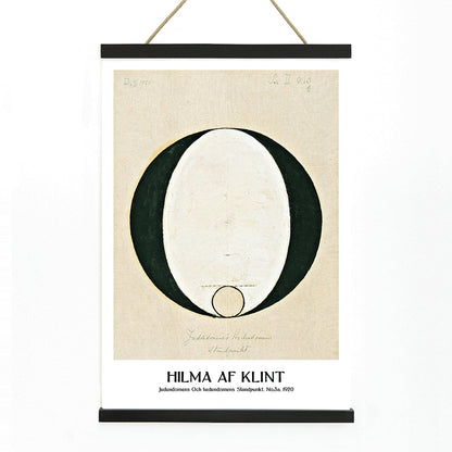 Abstract geometric poster by Hilma af Klint titled Judaism and Paganism Standpoint featuring a large central oval shape, with wooden magnetic frame on white background