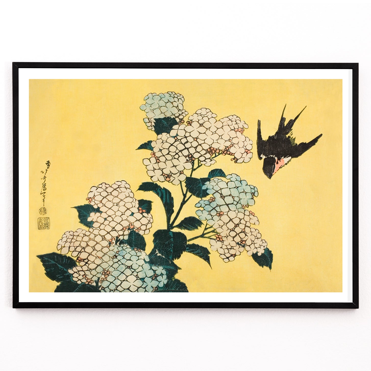 Closeup detail of Swallow bird flying near blooming hydrangea flowers artwork by Katsushika Hokusai titled Hydrangea and Swallow on yellow background