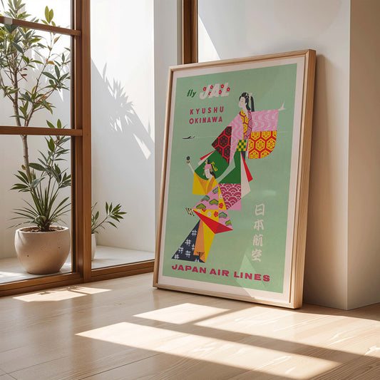 Colorful Japan Air Lines poster Kyushu Okinawa by Anonymous featuring traditional Japanese figures promoting air travel, framed and displayed in home decor