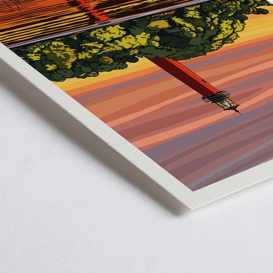 Closeup detail of Jupiter Inlet Lighthouse Outstanding Natural Area in Florida artwork and poster with sunset reflection on water and trees