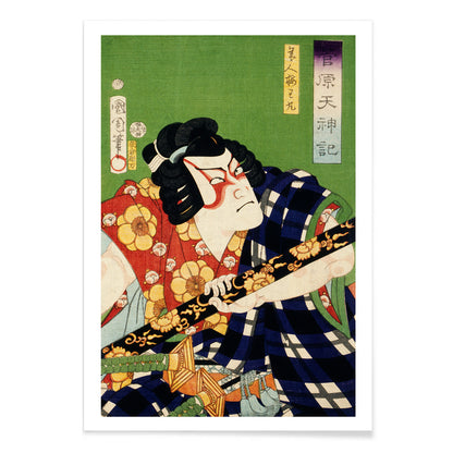 Ukiyo-e illustration and poster of kabuki actor in colorful costume by Toyohara Kunichika Japanese art, with black aluminium frame on white background
