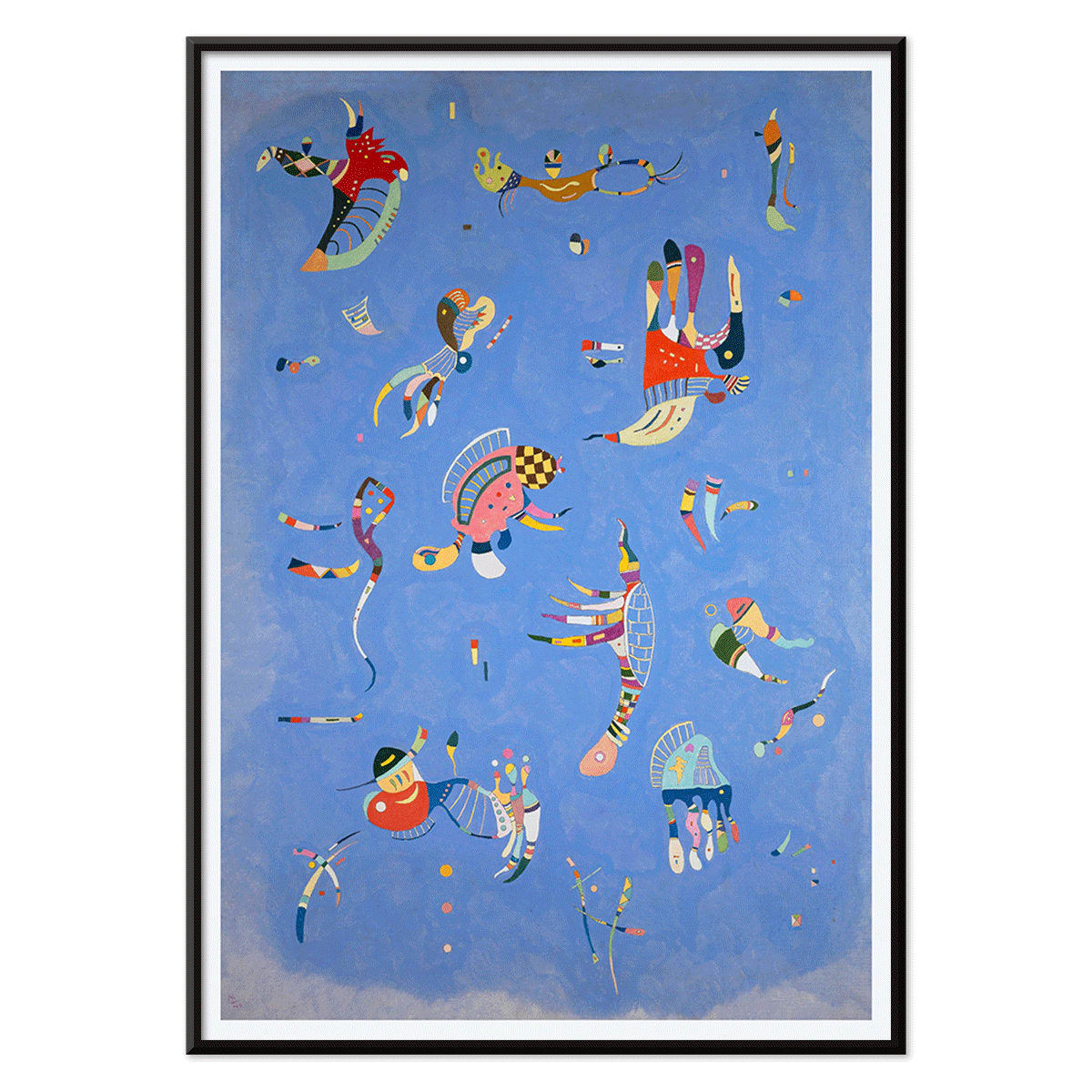 Bleu de Ciel by Wassily Kandinsky abstract blue artwork poster with colorful geometric shapes and vibrant colors on a blue background, with black aluminium frame on white background