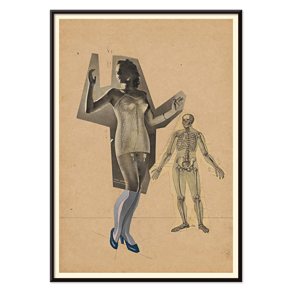 Collage and poster of a woman and skeleton Girl and Death artwork by Karl Wiener featuring a woman in a corset and skeleton illustration on a beige background, with black aluminium frame on white background