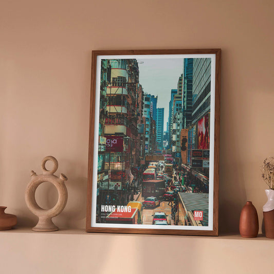 Bustling city street scene in Kowloon Hong Kong poster by Mo Art Gallery, framed and displayed in home decor