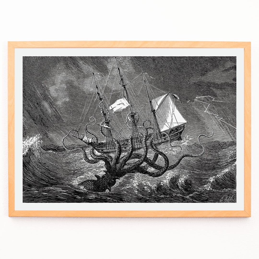 The Kraken attacking a ship in stormy seas sea monster poster titled The Kraken as seen by the eye of imagination, framed and displayed in modern living room decor