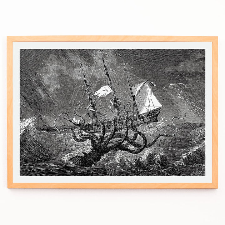 The Kraken attacking a ship in stormy seas sea monster poster titled The Kraken as seen by the eye of imagination, framed and displayed in modern living room decor