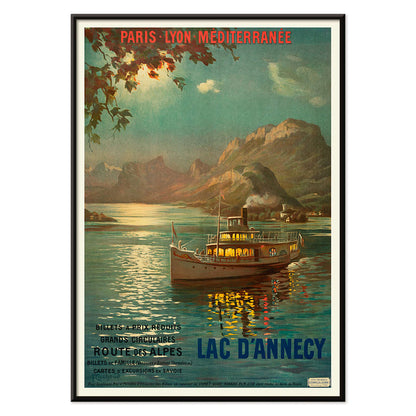 Poster of Lac d Annecy by Francois Charles Cachoud showing a boat on a serene lake with mountains and a glowing evening sky, with black aluminium frame on white background