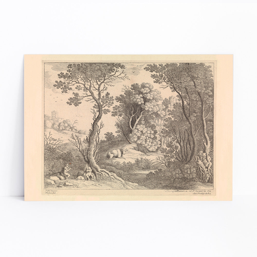 Mercury playing the flute in a detailed forest landscape with trees animals and natural scenery by Willem van Nieulandt poster, framed and displayed in modern living room decor