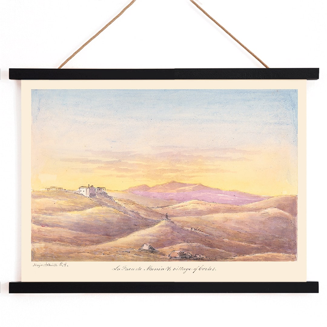 La Fuen de Munia and Village of Cortes by Charles Hamilton Smith scenic landscape poster with hills and distant village, with wooden magnetic frame on white background