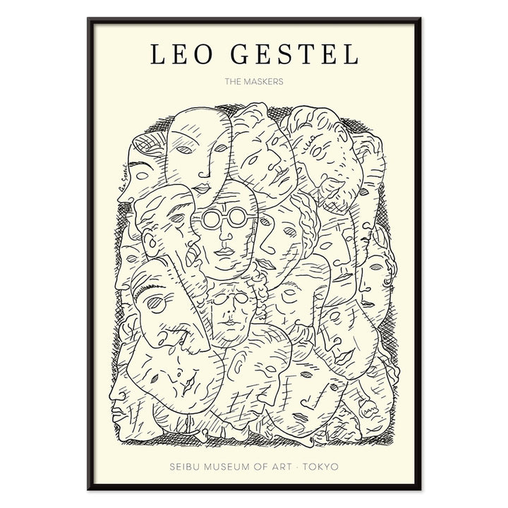 Leo Gestel Maskers artwork and poster featuring abstract faces and post-impressionist style exhibited at Seibu Museum of Art Tokyo, with black aluminium frame on white background