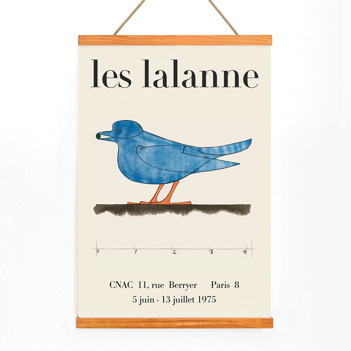 Les Lalanne Exhibition poster by Francois Xavier Lalanne featuring a stylized blue bird with orange legs on beige background, with wooden magnetic frame on white background