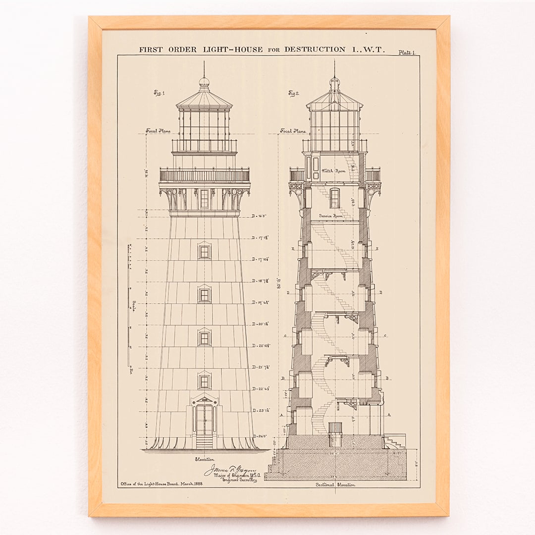 Section and elevation drawing of the Lighthouse at Destruction Island Washington by James G Hill poster, framed and displayed in modern living room decor