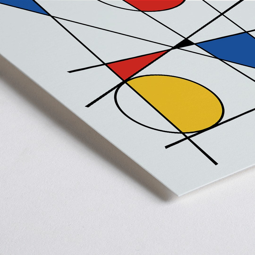 Closeup detail of Colorful geometric shapes and intersecting lines in yellow red and blue abstract poster titled Geometric Lines and Colors 2 by Anonymous