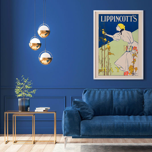 Woman in white dress picking flowers holding a book for Lippincotts May by William Carqueville illustration and poster, framed and displayed in home decor