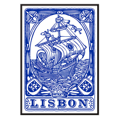 Blue painted azulejo tile artwork by Lisbon Azulejo featuring a ship and the word Lisbon Blue painted tile 1 poster, with black aluminium frame on white background