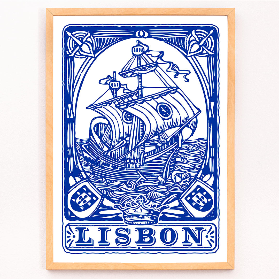 Blue painted azulejo tile artwork by Lisbon Azulejo featuring a ship and the word Lisbon Blue painted tile 1 poster, framed and displayed in modern living room decor