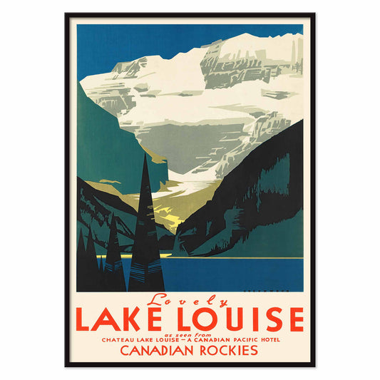 Lovely Lake Louise Canadian Pacific poster with snowy Canadian Rockies, pine trees and blue alpine lake in Canada, with black aluminium frame on white background