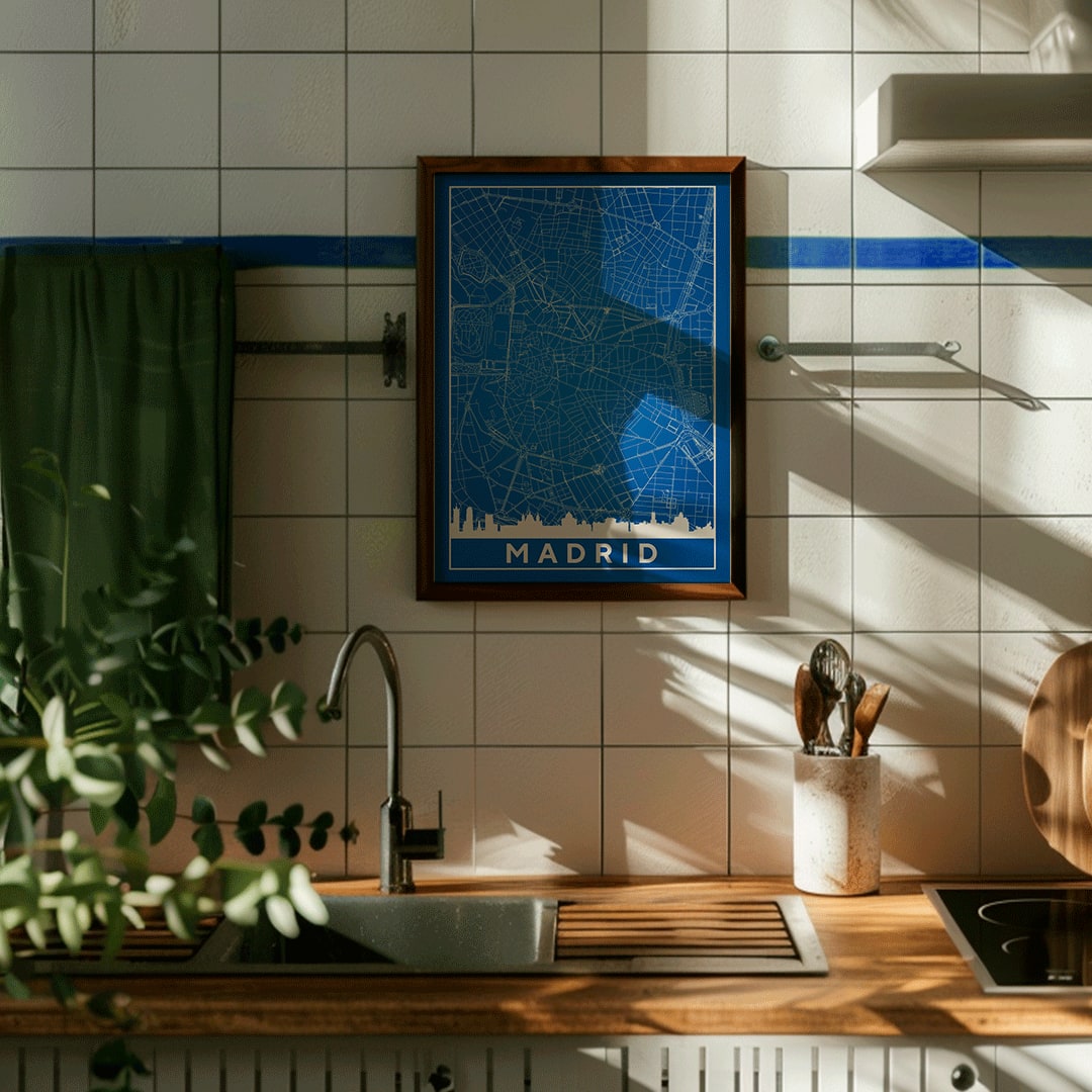 Minimalist Madrid Map by Artist Name blue and white city layout with silhouettes and street details poster, framed and displayed in home decor