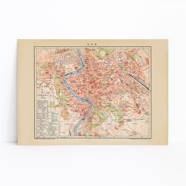 Ancient map of Rome by Bibliographic institute of Liepzig showing detailed city layout river neighborhoods and landmarks, framed and displayed in modern living room decor