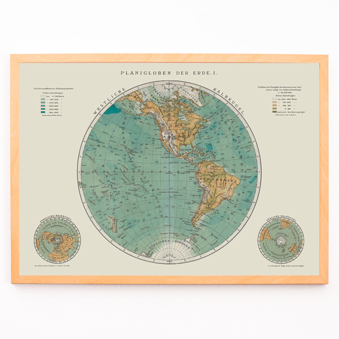 Closeup detail of Vintage world map artwork and detailed continents poster Planiglobes of the Earth I by The Institute of Liepzig