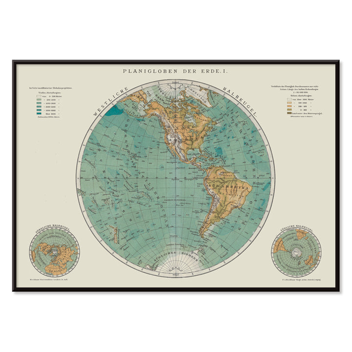 Vintage world map artwork and detailed continents poster Planiglobes of the Earth I by The Institute of Liepzig, with black aluminium frame on white background