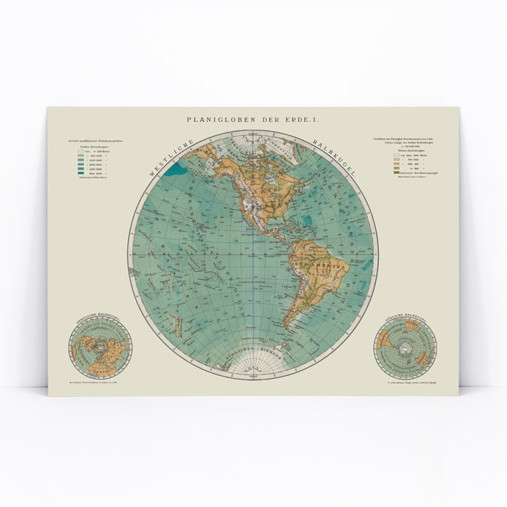 Vintage world map artwork and detailed continents poster Planiglobes of the Earth I by The Institute of Liepzig, framed and displayed in modern living room decor