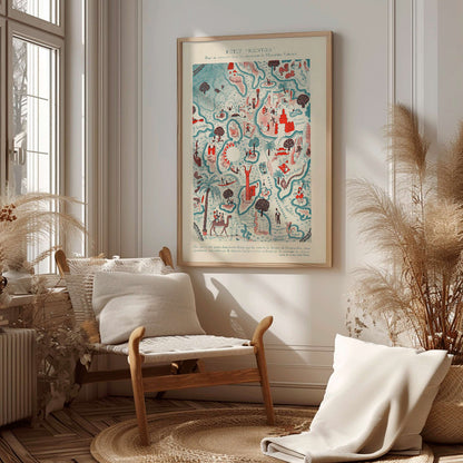 Colorful illustrated map poster Petit Mentor Carte de l exposition coloniale by Lucien Boucher featuring various regions and activities, framed and displayed in home decor