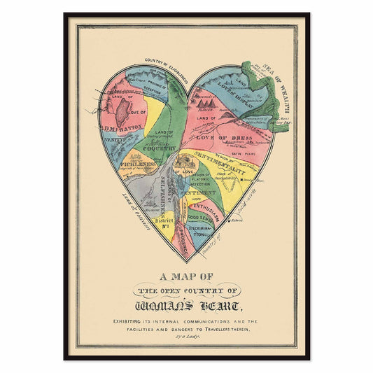 Open Country of Womans Heart poster by E.B. and E.C. Kellogg, colorful heart shaped map with labeled regions, vintage cartographic style, with black aluminium frame on white background