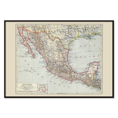 Antique map of Mexico by Institute of Liepzig detailed geographic illustration showing regions and borders German antique map poster, with black aluminium frame on white background