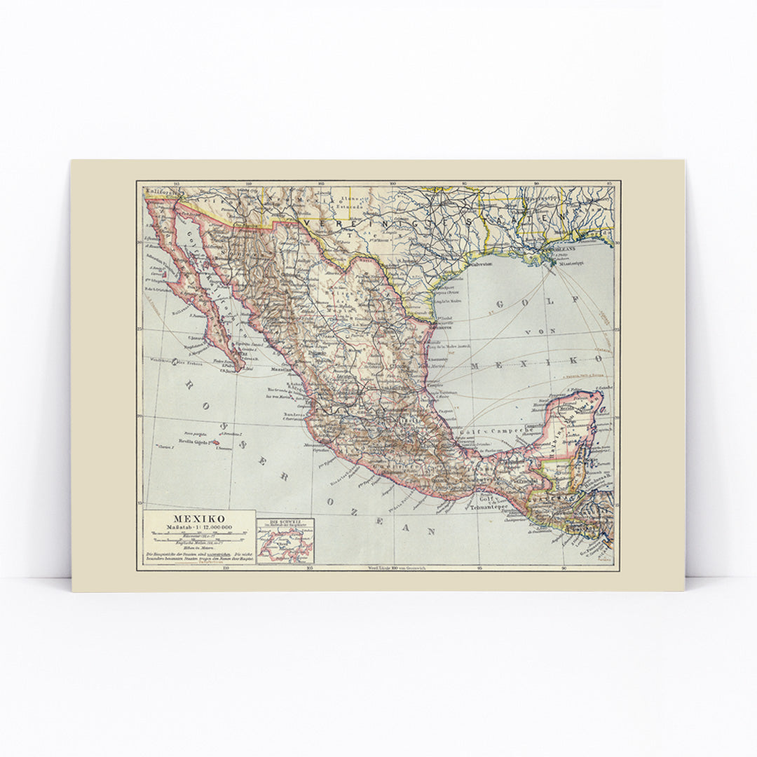 Antique map of Mexico by Institute of Liepzig detailed geographic illustration showing regions and borders German antique map poster, framed and displayed in modern living room decor