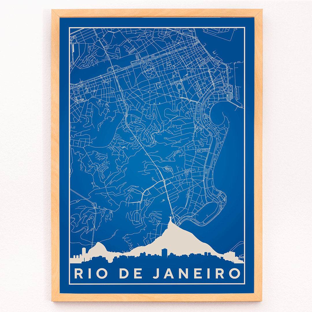 Minimalist blue and white Rio de Janeiro map poster by Moryarty featuring detailed street lines and city skyline silhouette, framed and displayed in modern living room decor