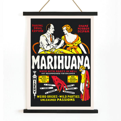 Marihuana movie poster with dramatic illustrations cautionary captions and text highlighting the dangers and consequences of marijuana use, with wooden magnetic frame on white background