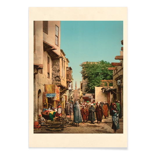 Street scene in North Africa vibrant market view busy street with people artwork by unknown artist poster, with black aluminium frame on white background