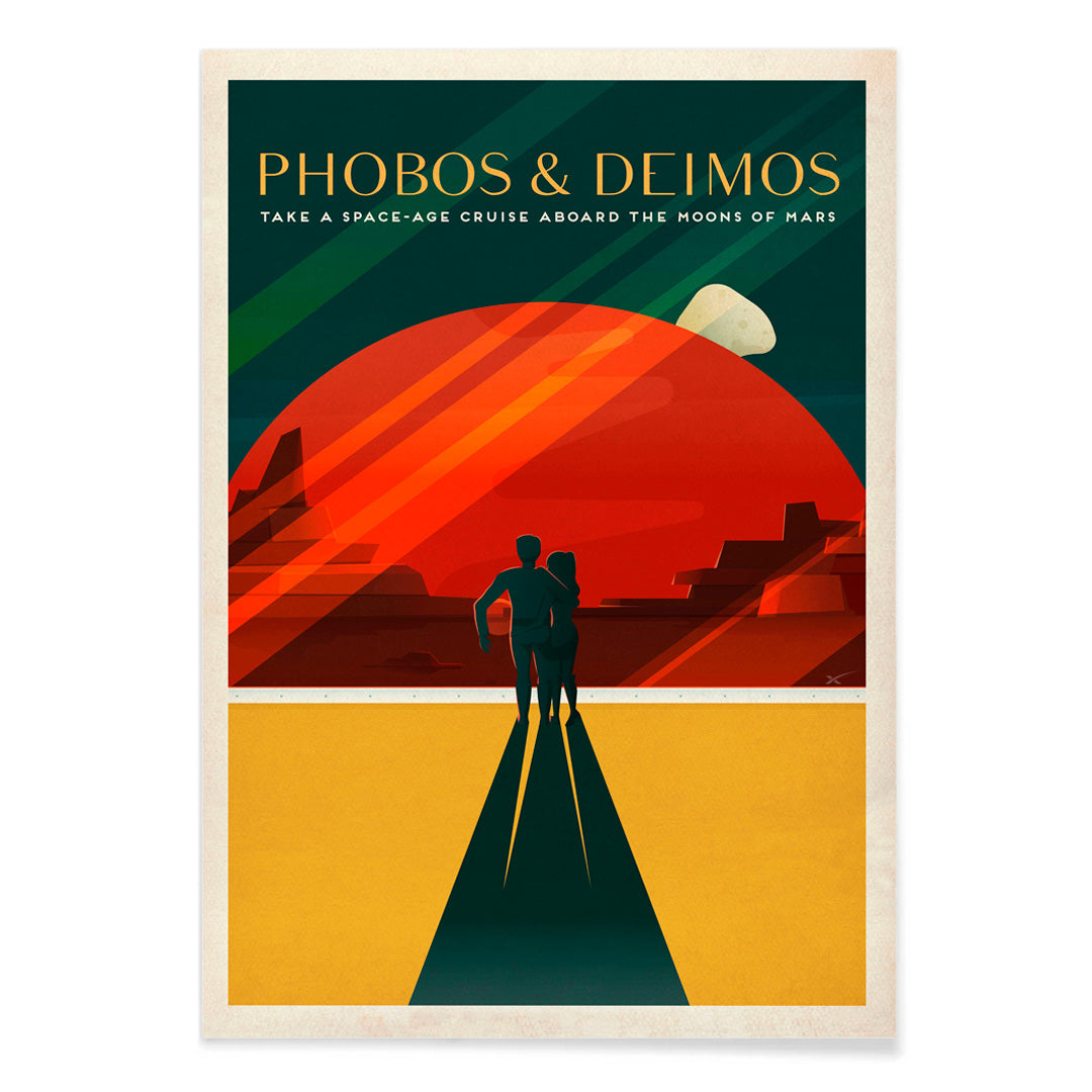 Couple walking toward red Mars landscape with moons Phobos and Deimos by SpaceX in retro style poster, with black aluminium frame on white background