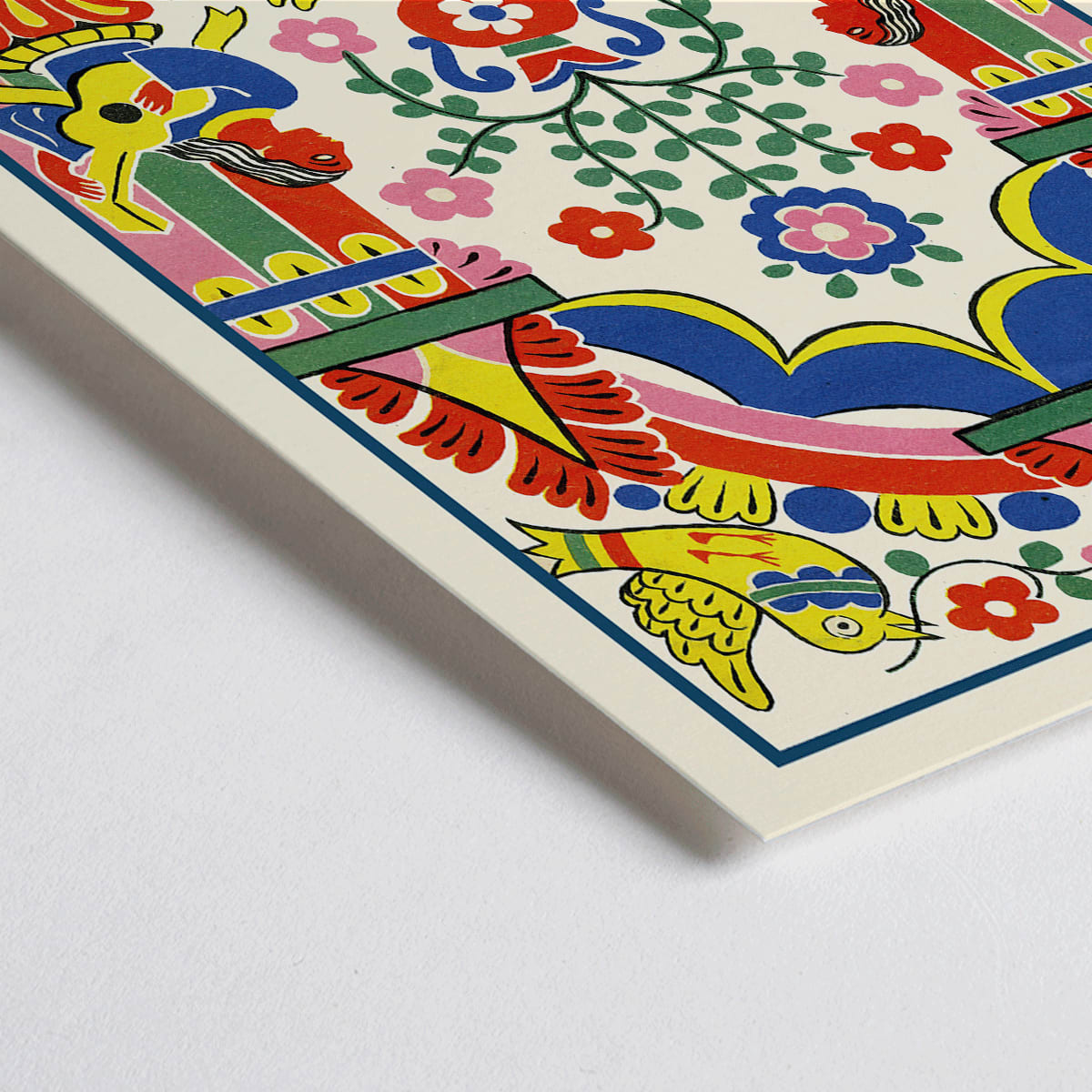 Closeup detail of Colorful Mexican folk art illustration and poster featuring vibrant birds musicians flowers and patterns from Mexican Art and Life