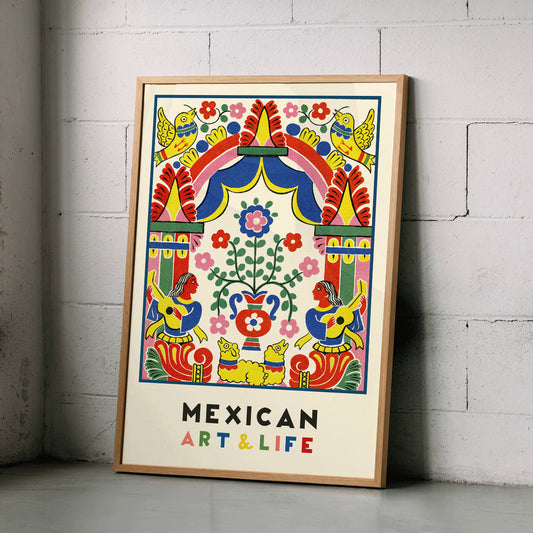 Colorful Mexican folk art illustration and poster featuring vibrant birds musicians flowers and patterns from Mexican Art and Life, framed and displayed in home decor