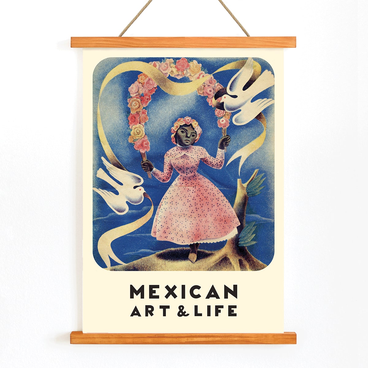 Mexican Art and Life cover and poster by Diego Rivera featuring a girl in a pink dress with floral crown and two white doves, with wooden magnetic frame on white background