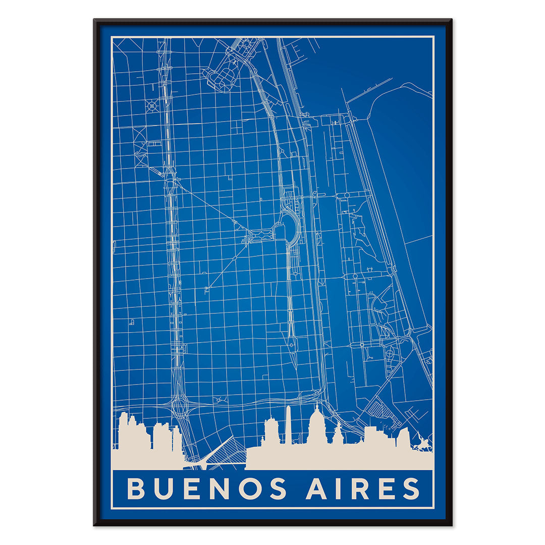 Minimalist Buenos Aires Map wall art poster featuring city streets and landmarks by Minimalist artist, with black aluminium frame on white background