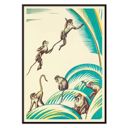 Illustration and poster of five monkeys playing among green palm leaves in the jungle titled A Jungle Picnic Pl 20 by Clifford Webb, with black aluminium frame on white background