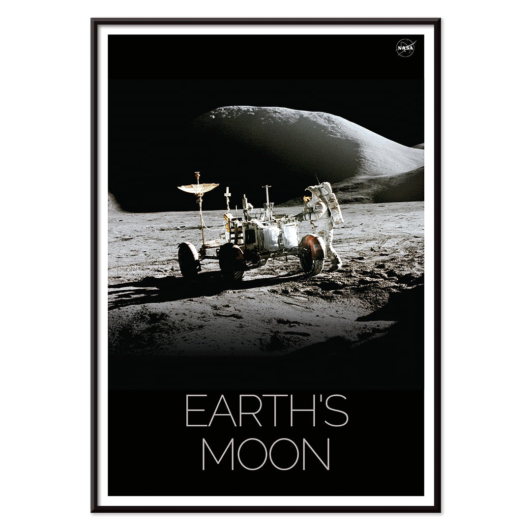 Astronaut beside lunar rover on the moon surface Man on Moon 1 by NASA poster with Earths Moon text, with black aluminium frame on white background