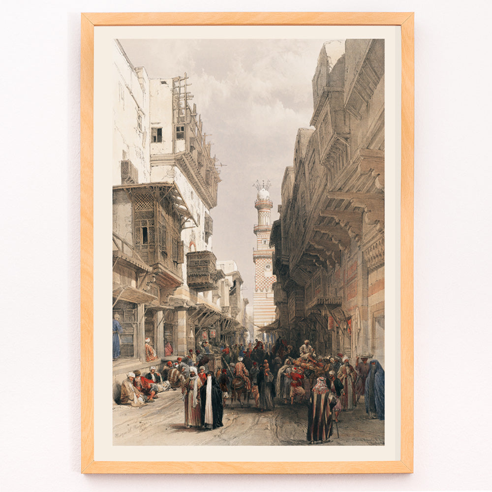 Closeup detail of Bustling Cairo street scene with Mosque The Mooristan and people illustrated by David Roberts