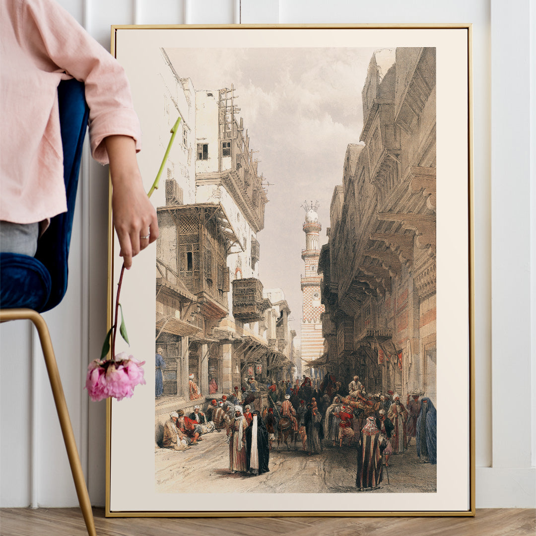 Bustling Cairo street scene with Mosque The Mooristan and people illustrated by David Roberts, framed and displayed in home decor